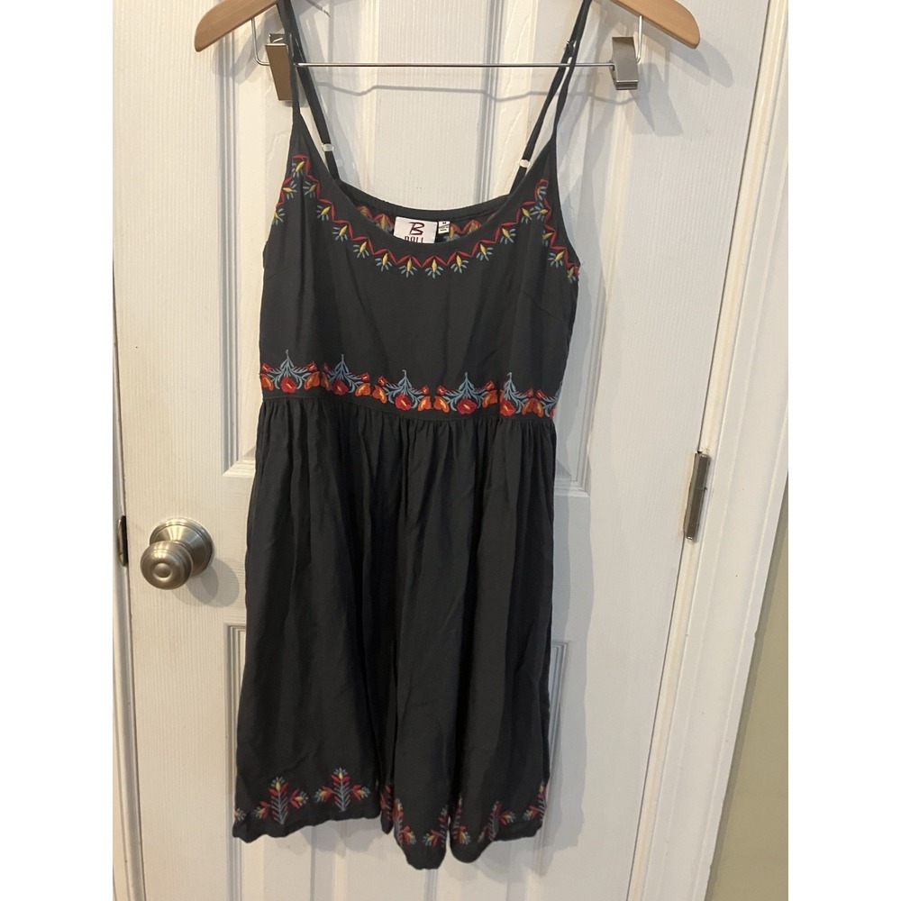 Bali Gray Embroidered Boho Dress Tunic Colorful Spaghetti Strap Bodice Dress M